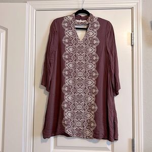 3/4 length sleeve muted plum, mini dress.